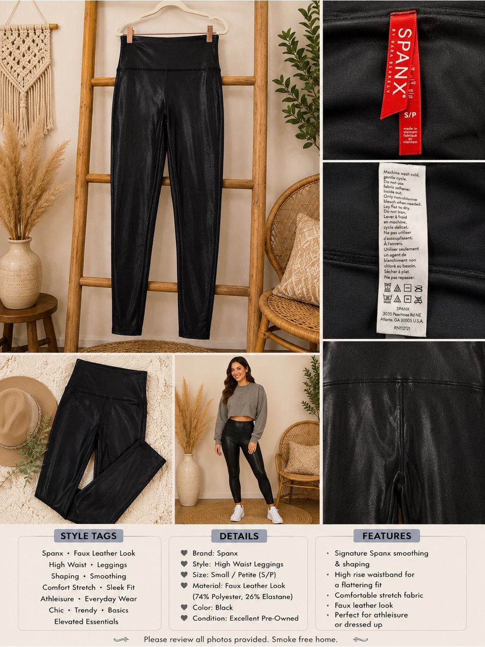 Spanx Size S/P High-Waist Faux Leather Leggings - Black